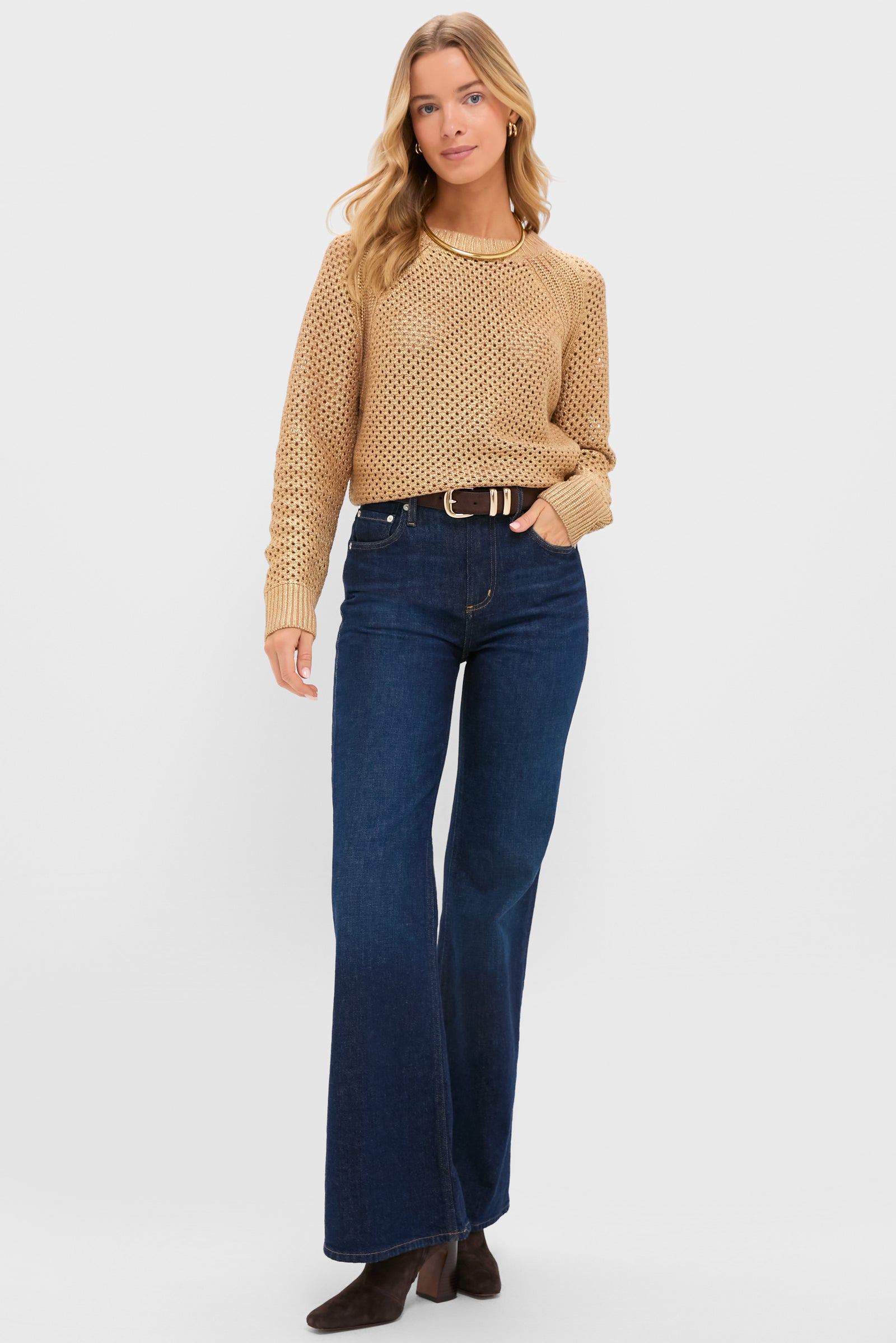 Gold Crochet Aspen Crewneck Sweater