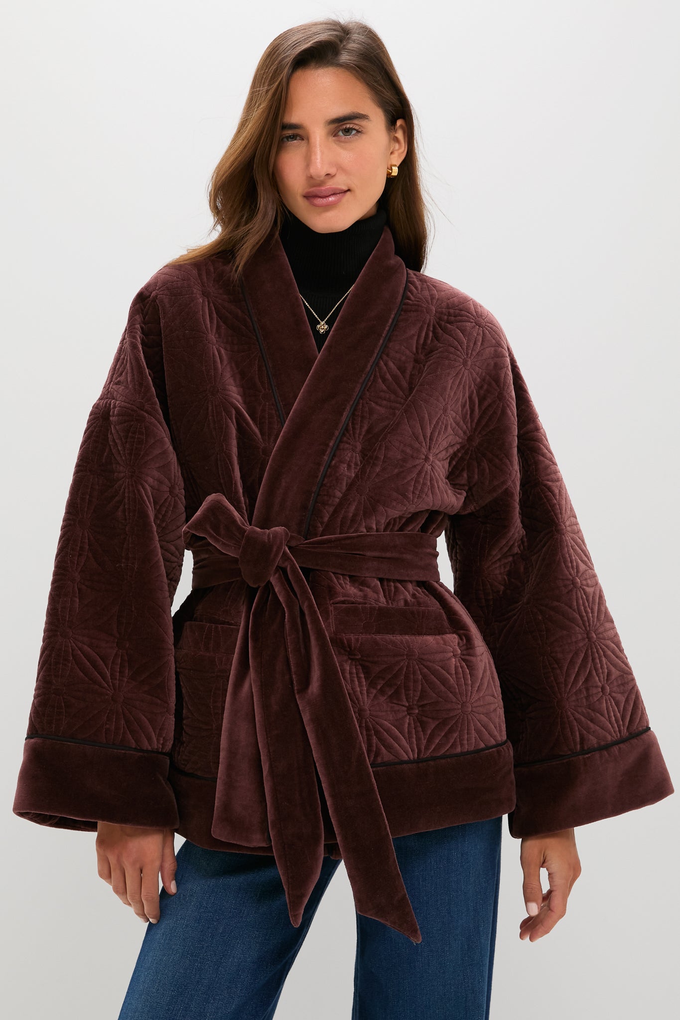 Chocolate Quilted Velvet Simone Wrap Jacket | Tuckernuck