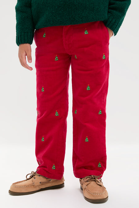 Crimson Christmas Tree Embroidered Boys Corduroy Pants
