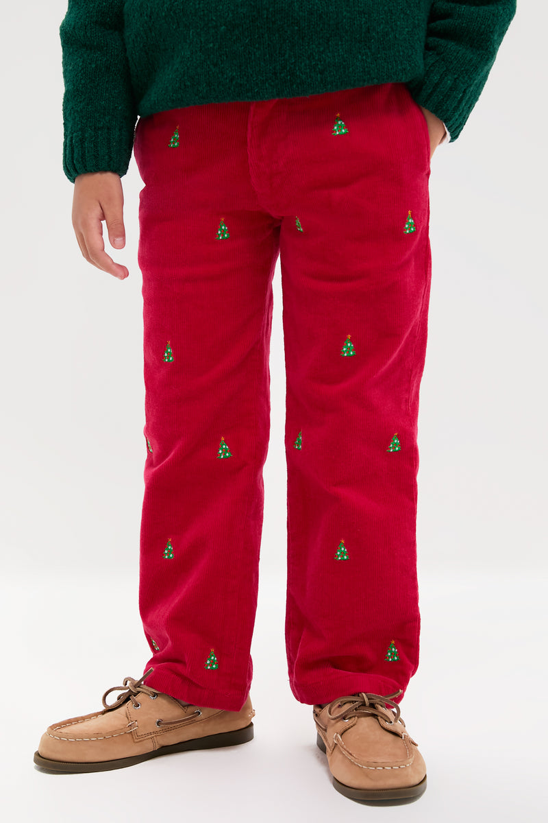 Crimson Christmas Tree Embroidered Boys Corduroy Pants