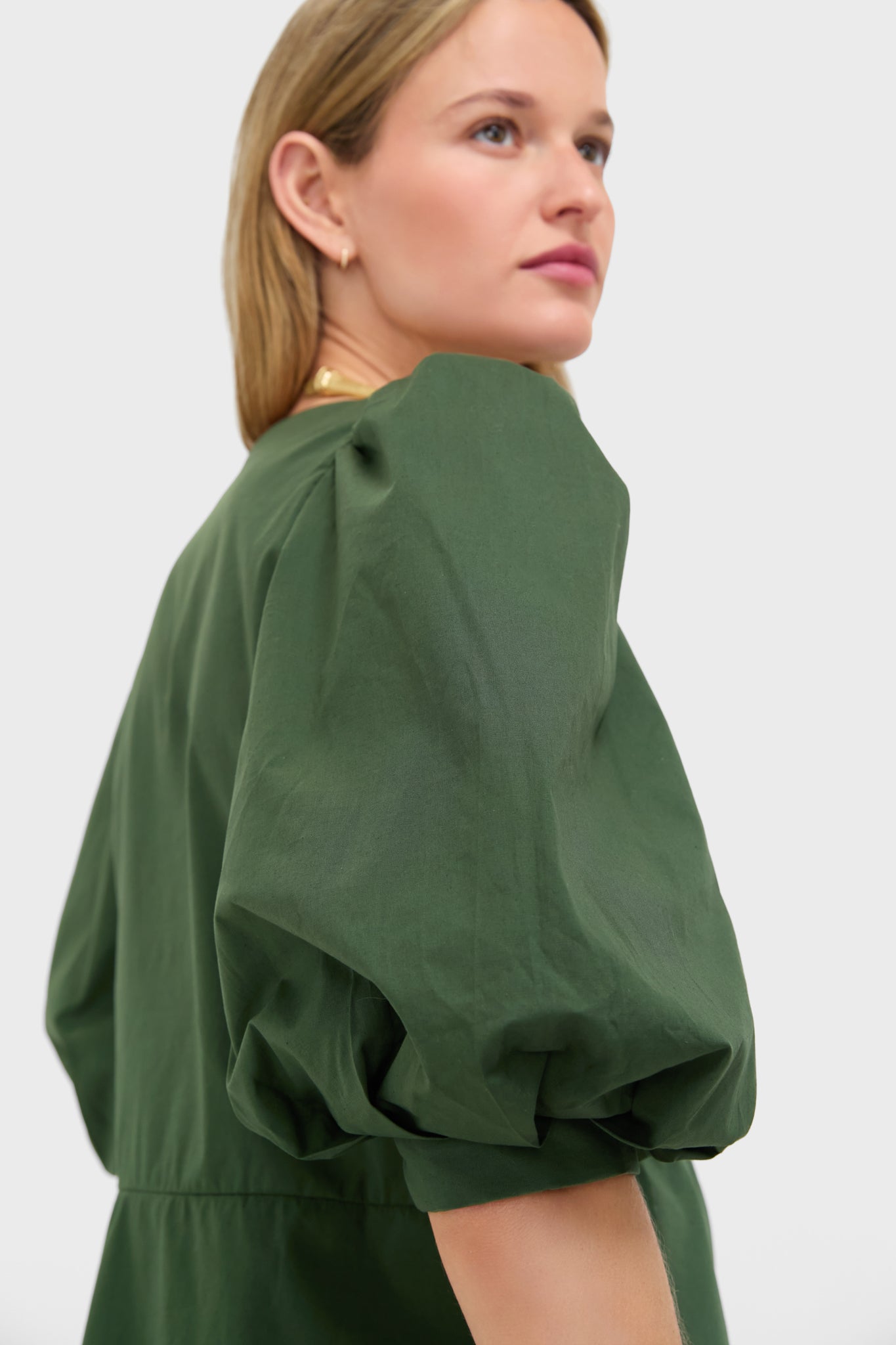 Green Solid Puff-Sleeved Blouse