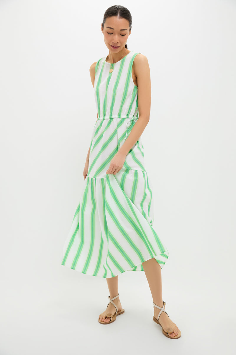 Green Stripe Bran Midi Dress with Tie