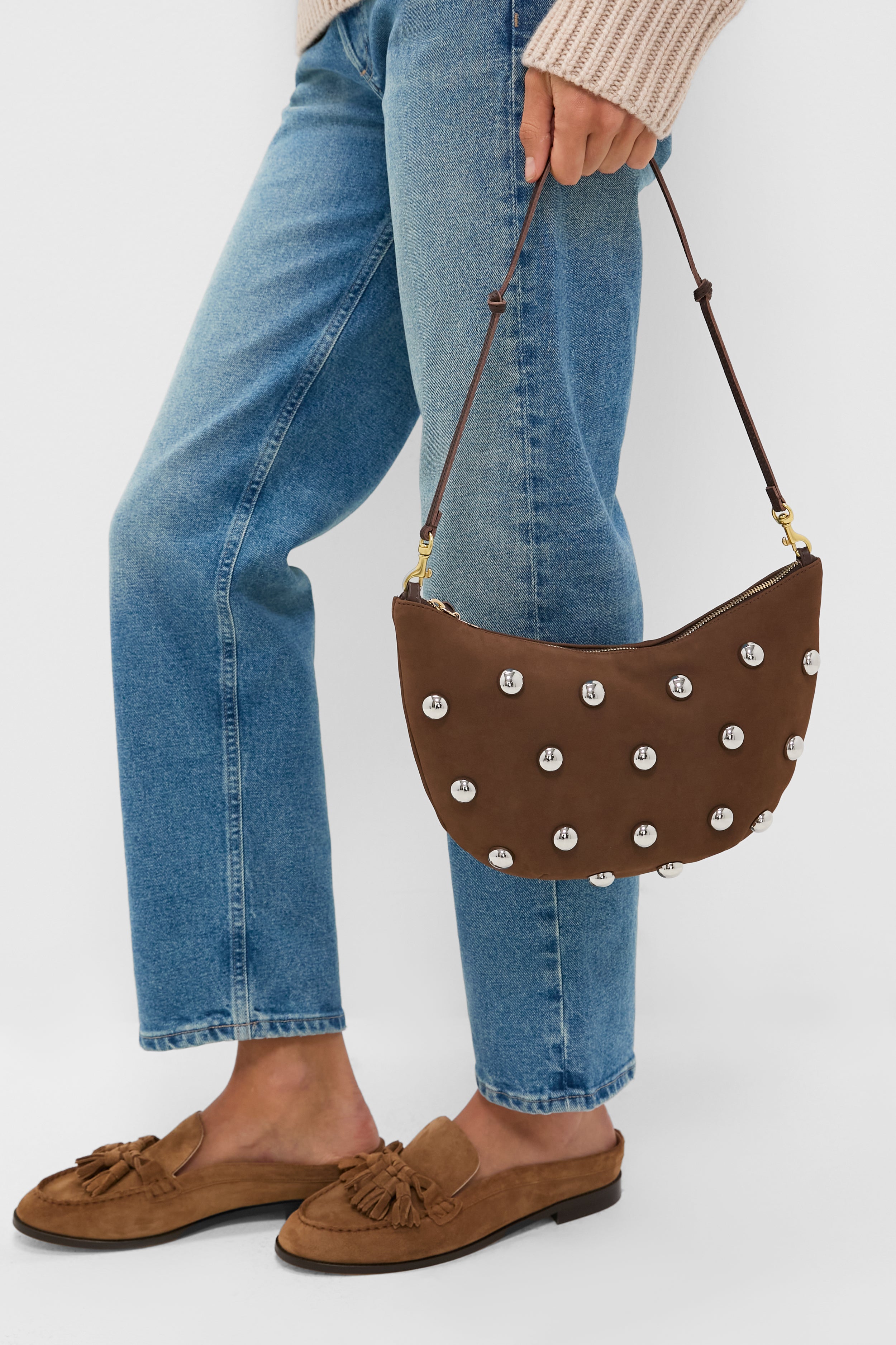 Choco Bar Smooth Nubuck with Studs Lune Bag exudes classic elegance with silver studs and a knotted strap, perfect for an effortless, high-end look.