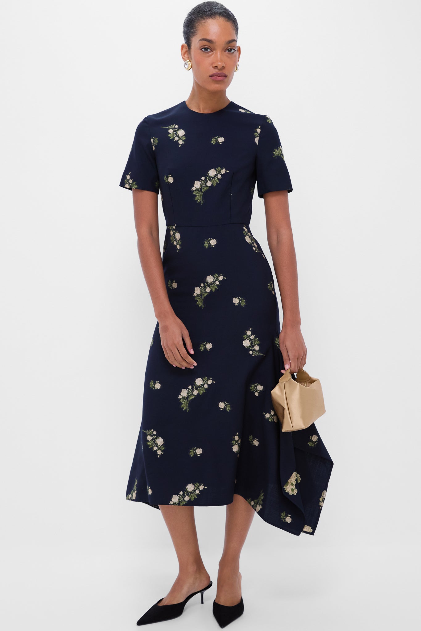 navy blue dresses long Midnight Blue Short Sleeve Midi Dress