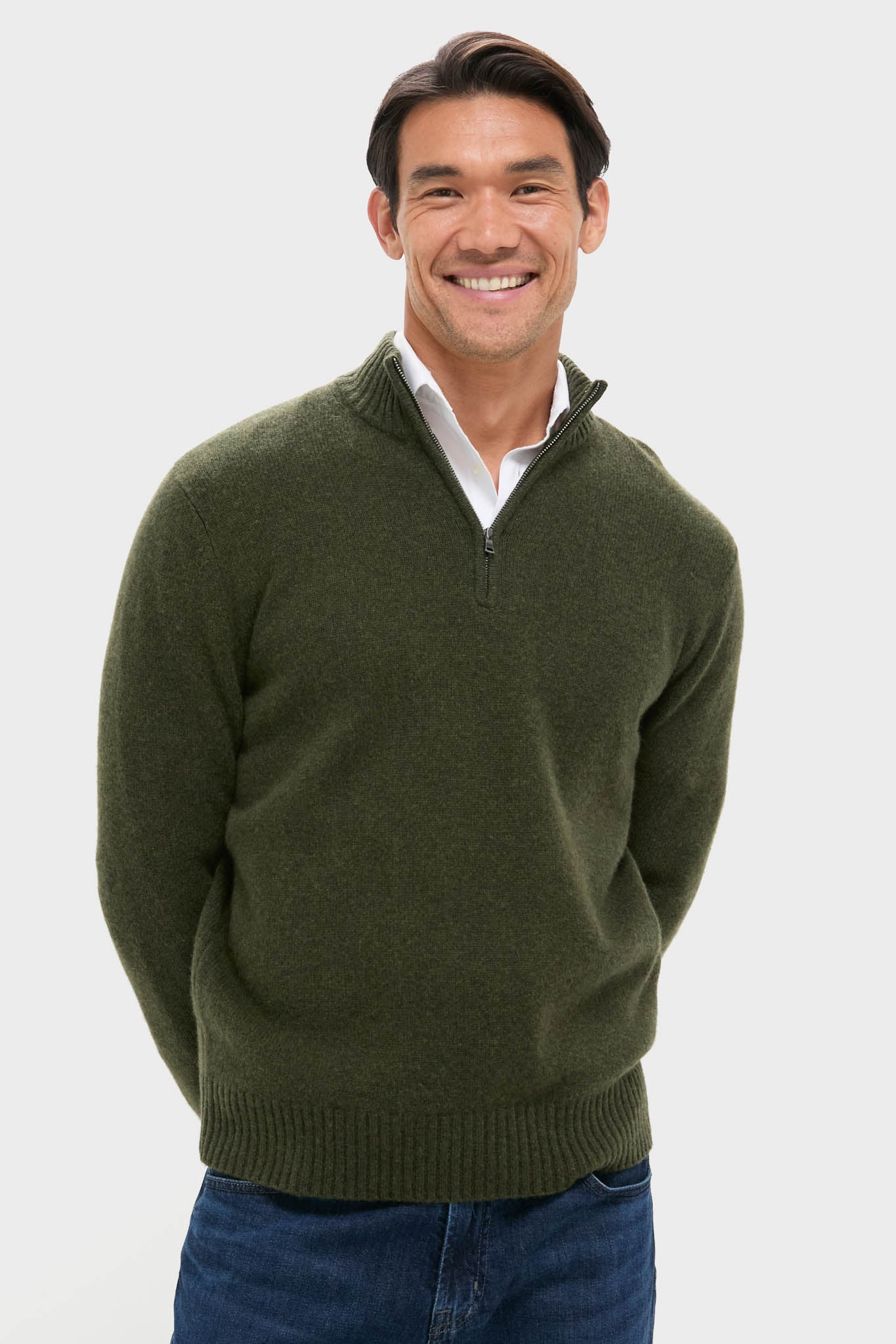 Green Cashmere Wool Jersey Knit Quarter-Zip