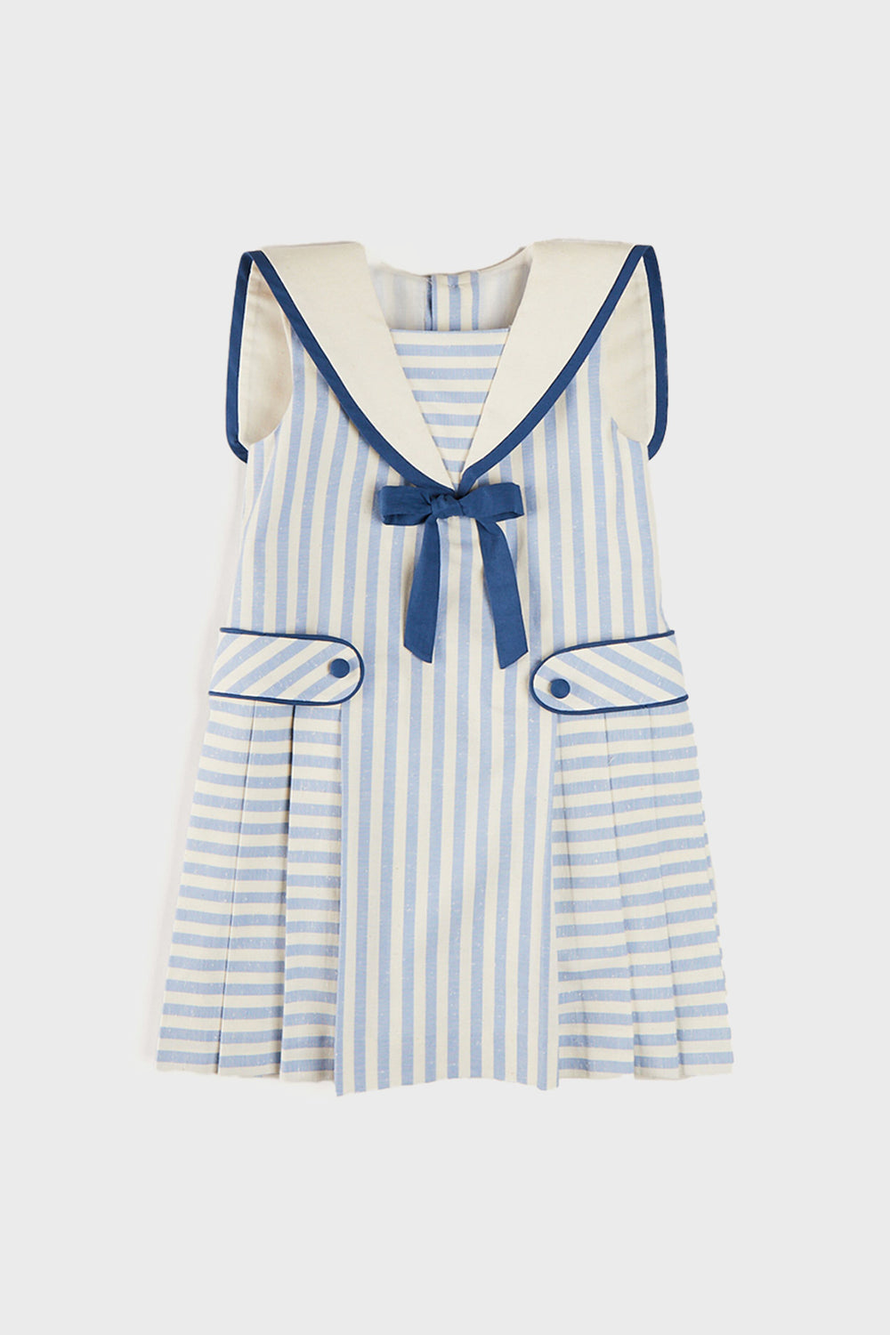 Regency Striped Mariner Collar Pleated Sleeveless Dress in Blue