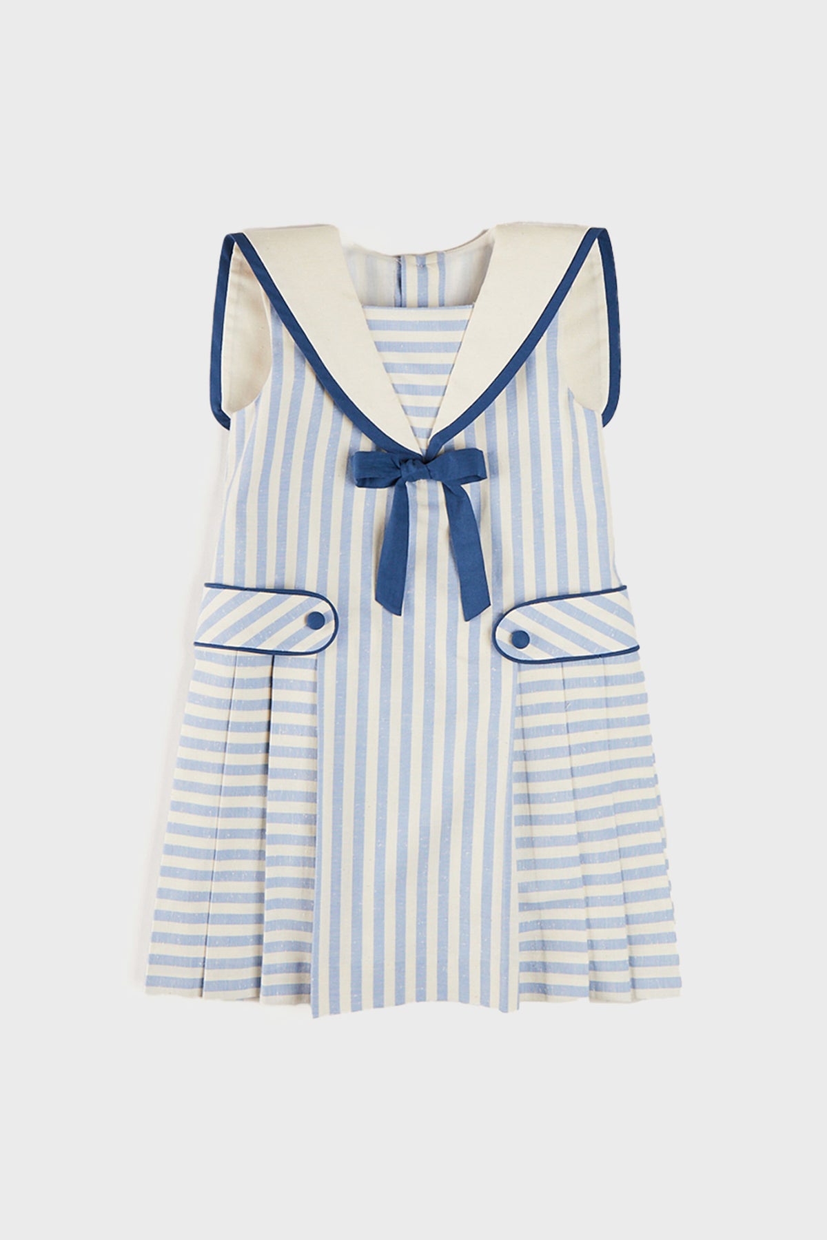 Regency Striped Mariner Collar Pleated Sleeveless Dress in Blue | Pepa  London