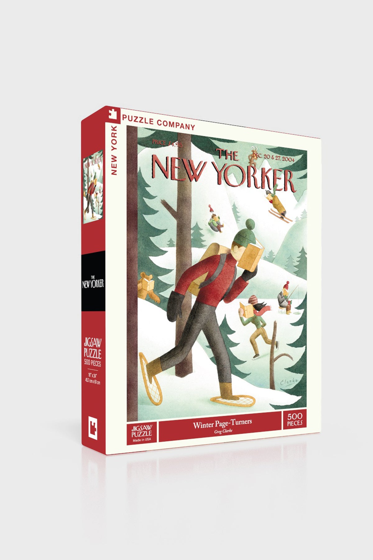 Winter Page-Turners 500-piece puzzle box, featuring a classic snowy forest scene with readers in winter gear. Effortless fun for ages 10+, high-end linen finish.
