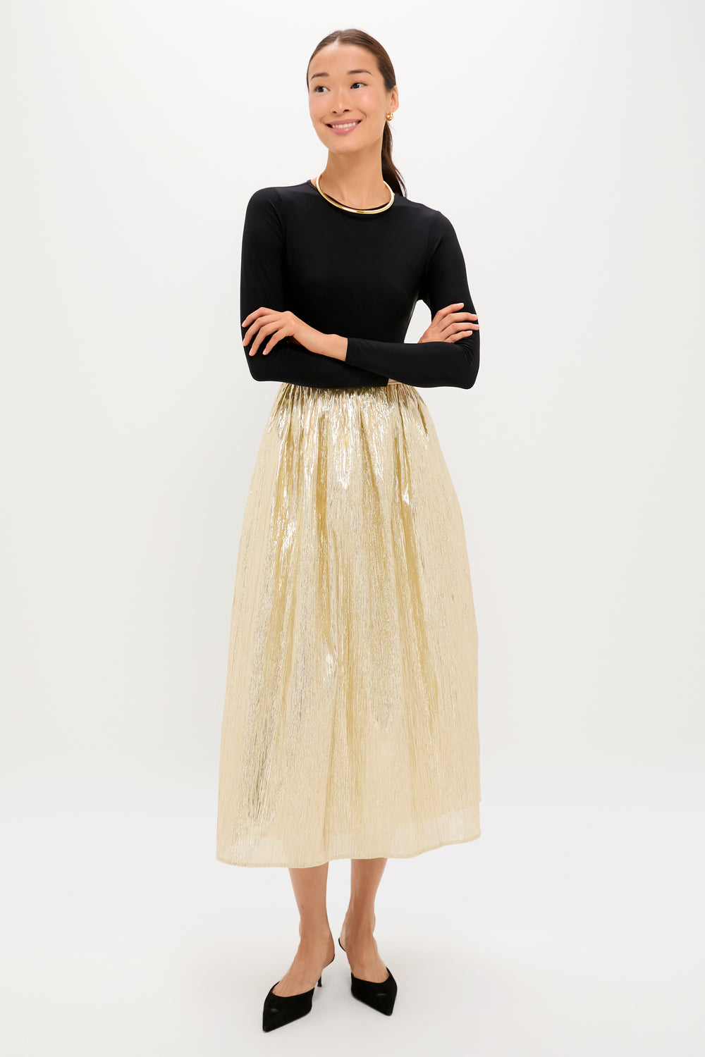 Gold Plisse & Black Mixed Media Schuyler Maxi Dress | Hyacinth House Gold Plisse & Black Mixed Media Schuyler Maxi Dress | Hyacinth House
