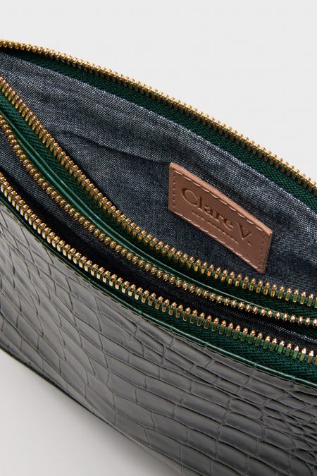 Deep Pine Embossed Croco Margot Double Sac Bretelle