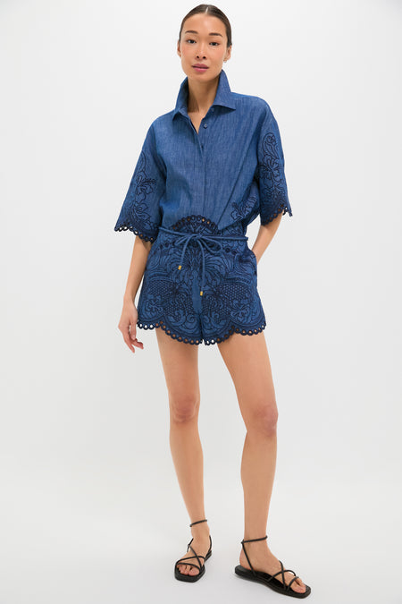 Railway Blue Coco Embroidered Denim Shirt