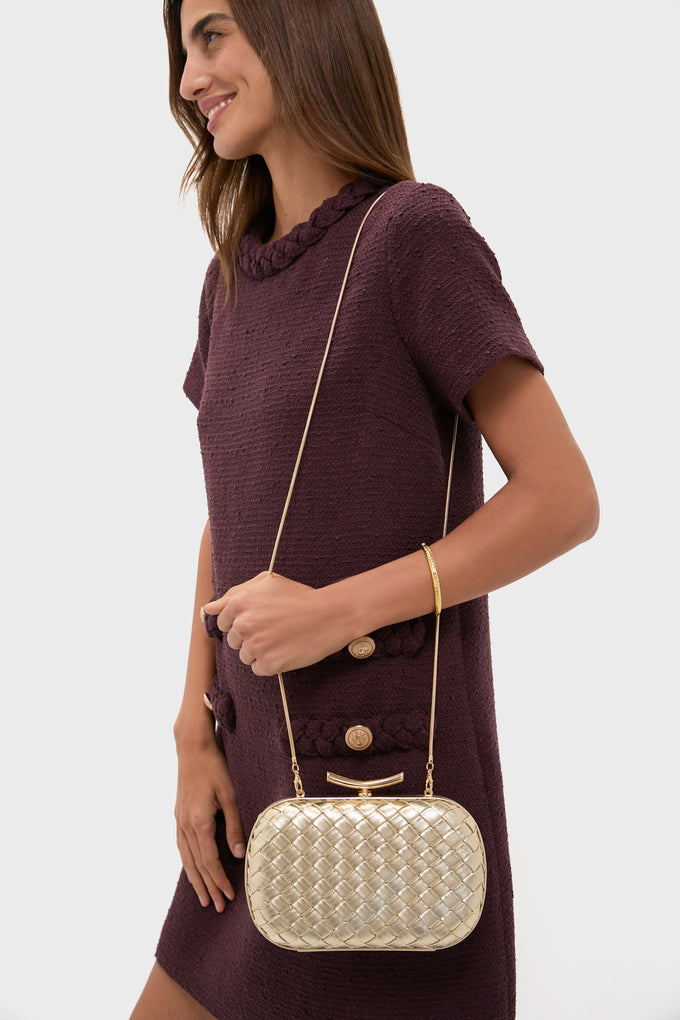 gold dress clutch Allison plunging chest cutout black puffy short dress Size:50x32 Model:Megan