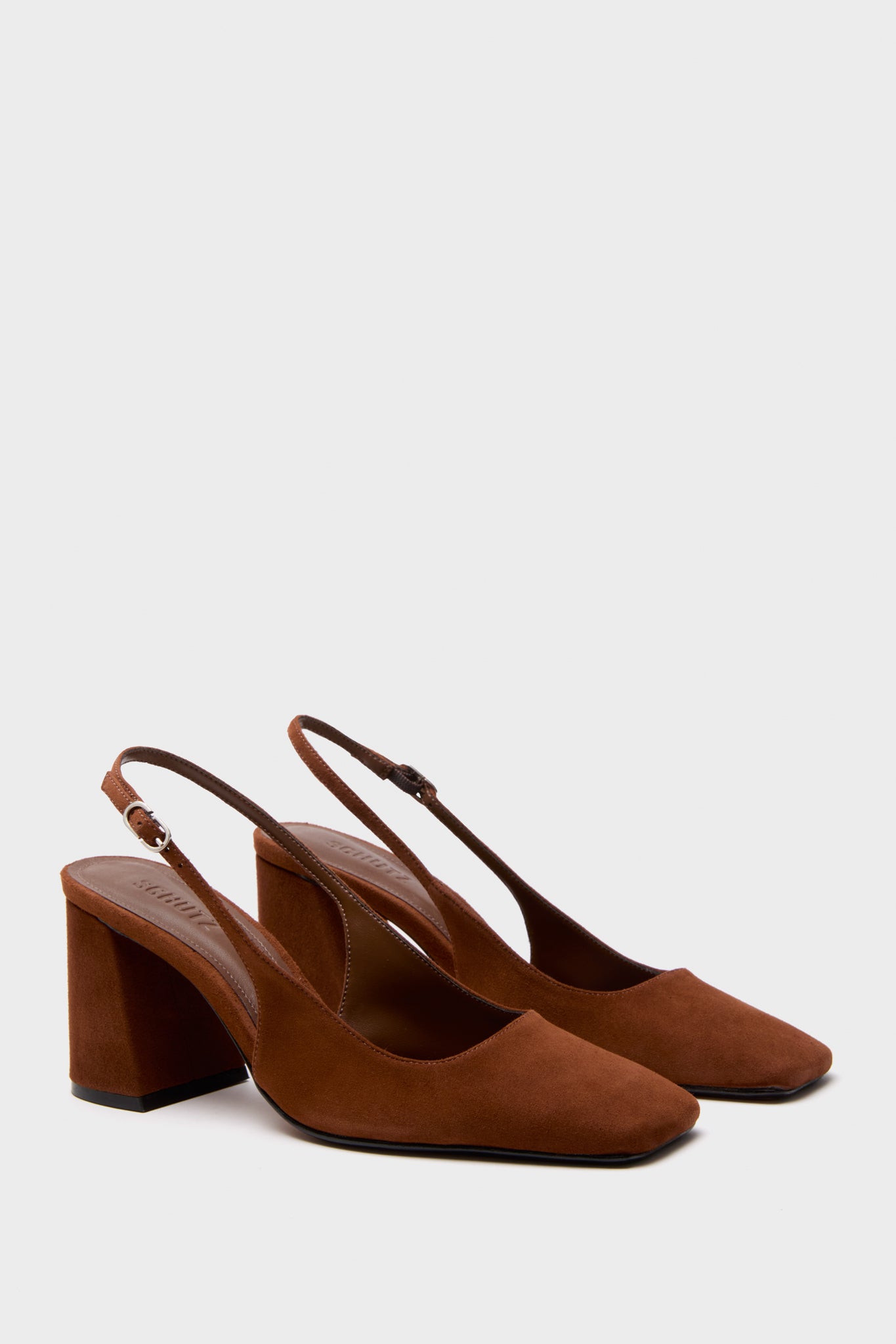 Pecan Brown Leia Block Sling Back Heels in suede, featuring a square toe, block heel, and adjustable strap. Classic and effortless, perfect for a high-end, fun look.