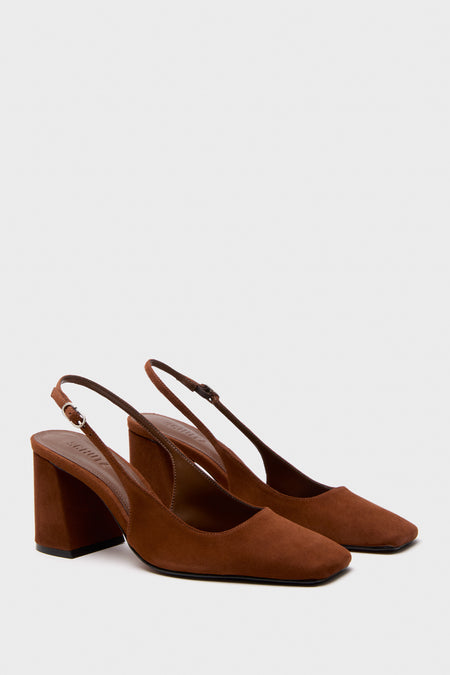 Pecan Brown Leia Block Sling Back Heels in suede, featuring a square toe, block heel, and adjustable strap. Classic and effortless, perfect for a high-end, fun look.