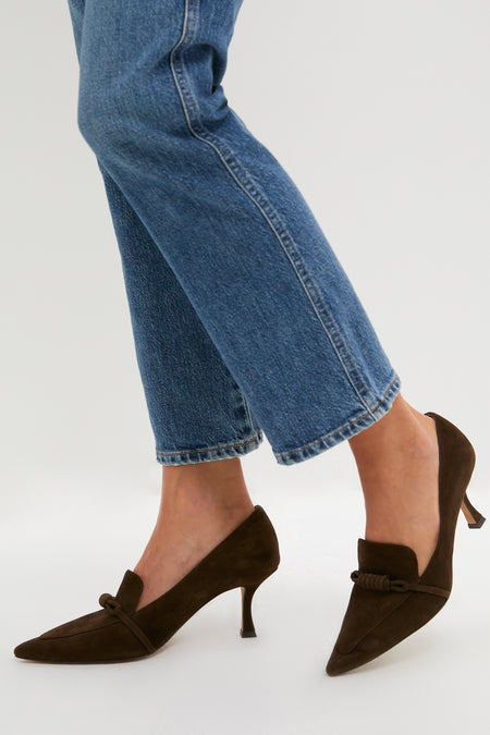 Chocolate Suede Morgan Heels, classic loafers with a fun twist, featuring a pointed toe, knotted strap, and thin kitten heel for an effortless, high-end look.