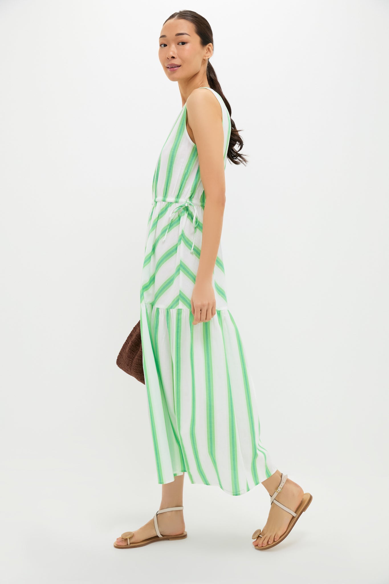 Green Stripe Bran Midi Dress with Tie