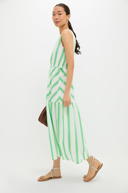 Green Stripe Bran Midi Dress with Tie