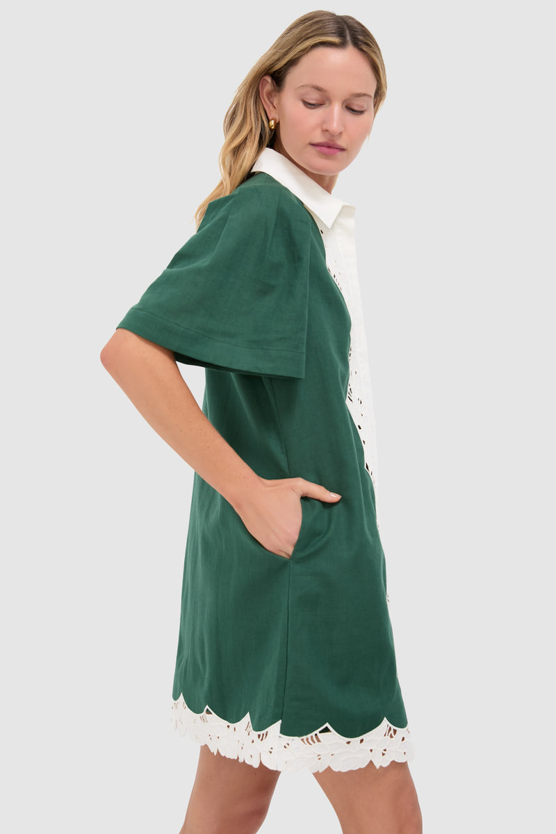 Dark Green Eyelet Trim Cotton Linen Delilah Dress