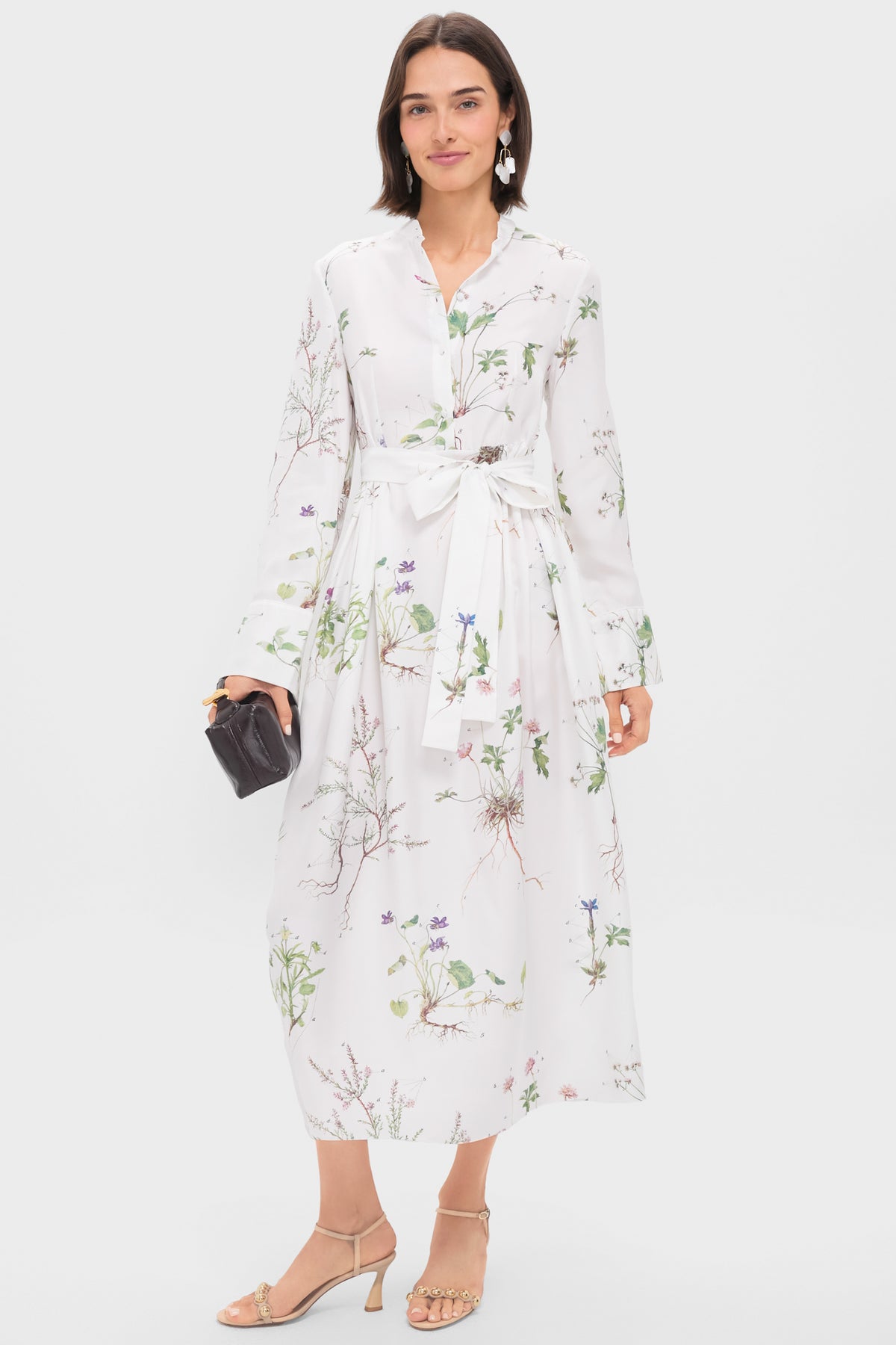 Botanical Garden White Long Sleeve Tie Waist Midi Dress