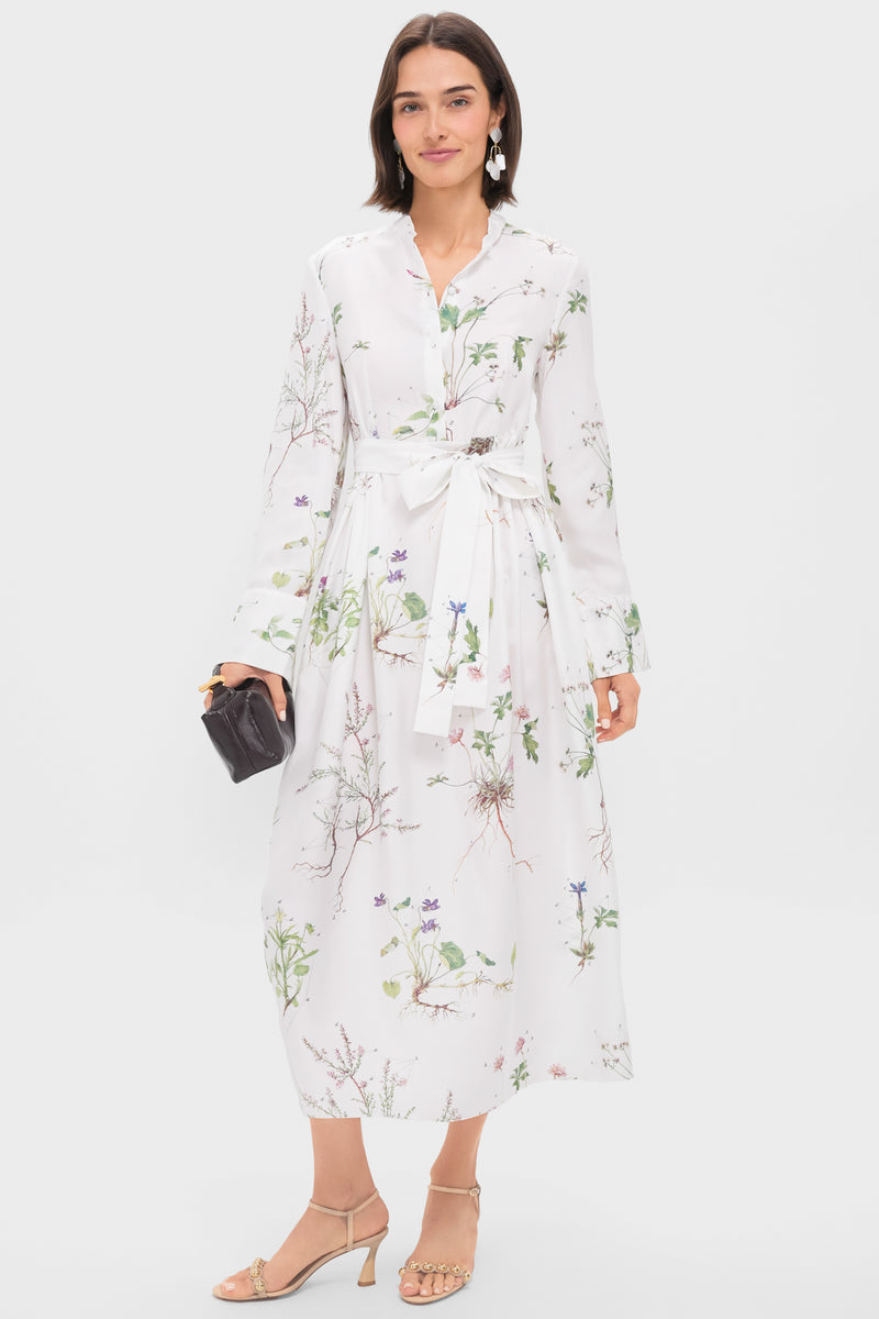 Botanical Garden White Long Sleeve Tie Waist Midi Dress