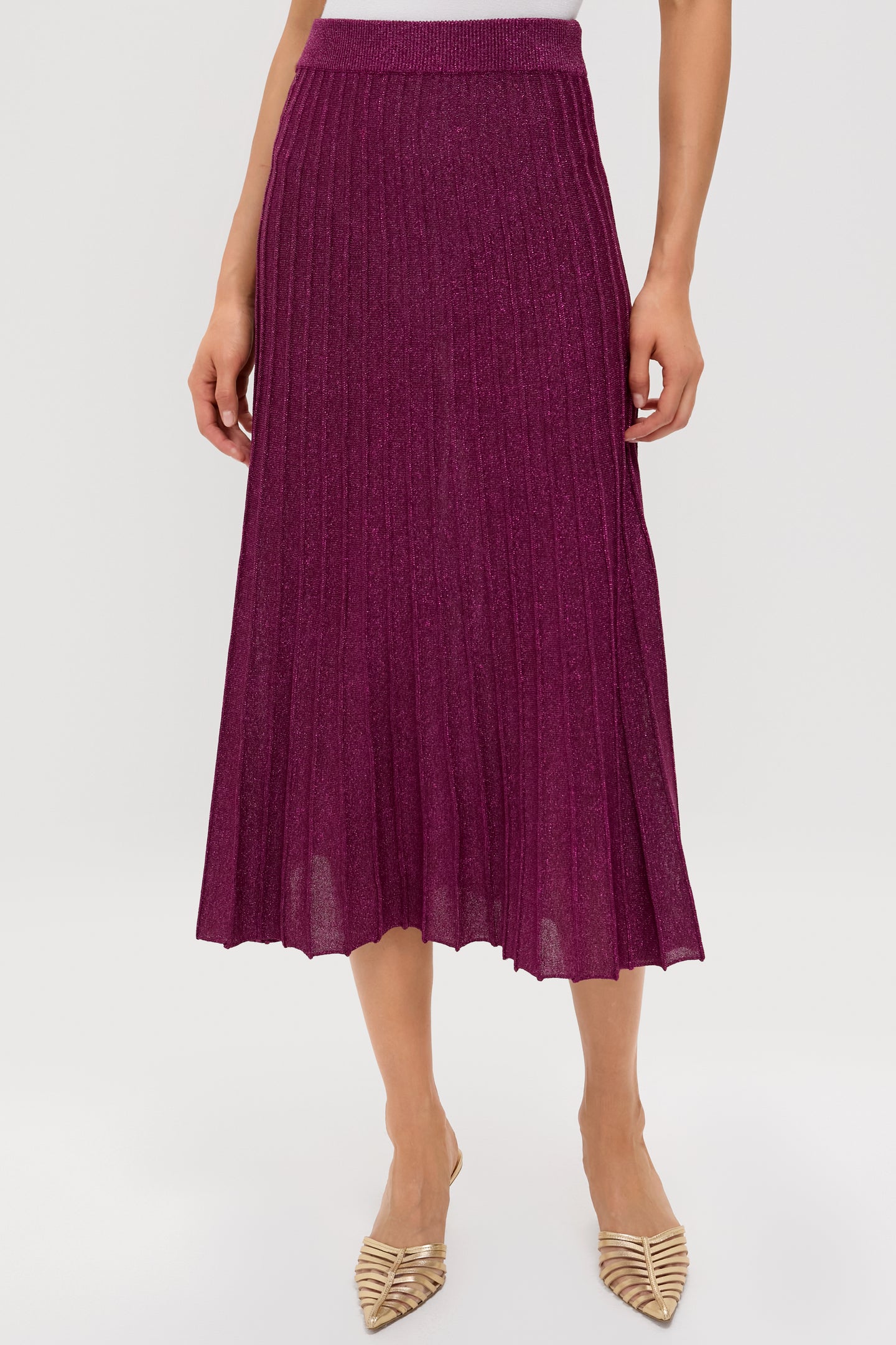 Plum Shimmer Knit Pleated Arion Midi Skirt