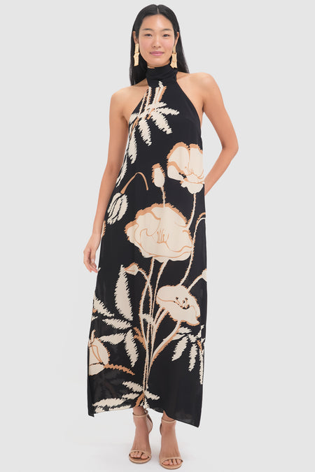 Black Gladiolos Costa Pacifica Crepe Chine Maxi Dress