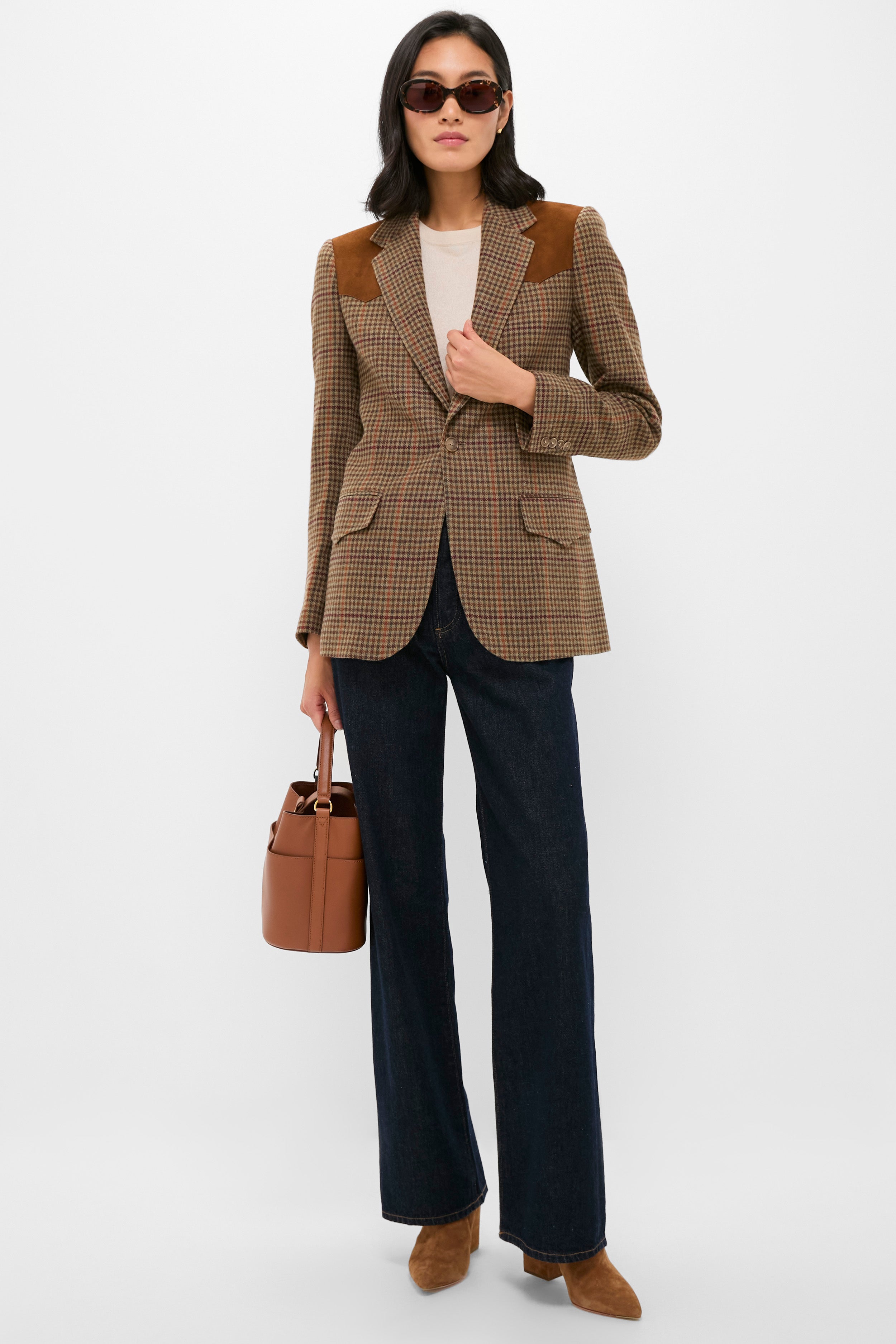 Olive Multi Houndstooth Merino Wool Tweed Woven Blazer | Polo