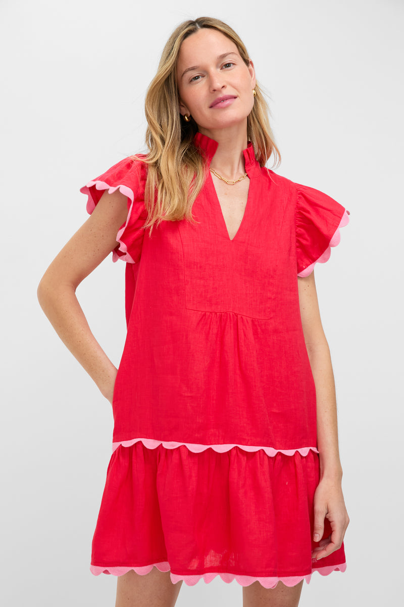Hibiscus Red Linen Flutter Sleeve Bella Dress