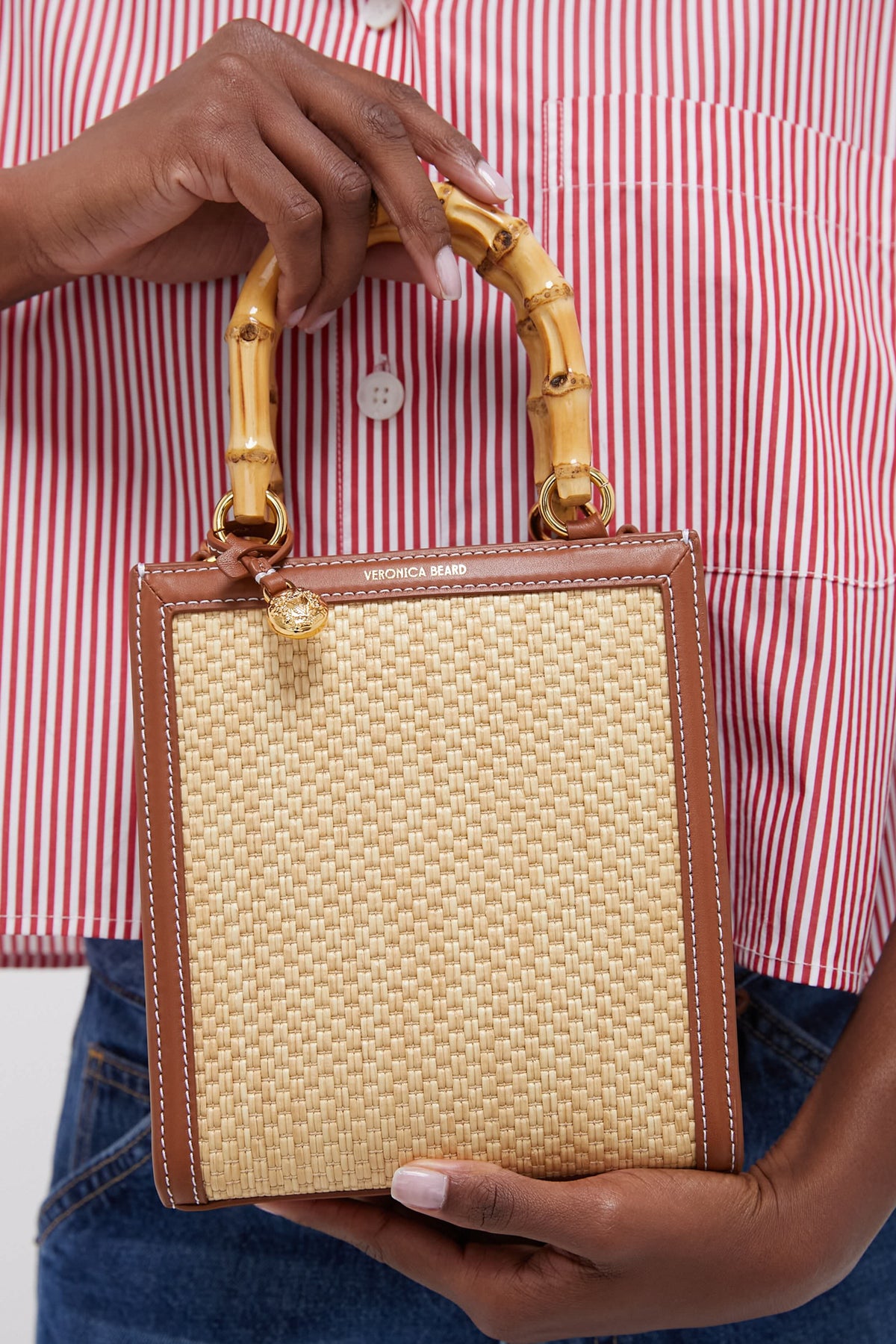 Beige and Hazelwood Small Raffia Bamboo Shopper
