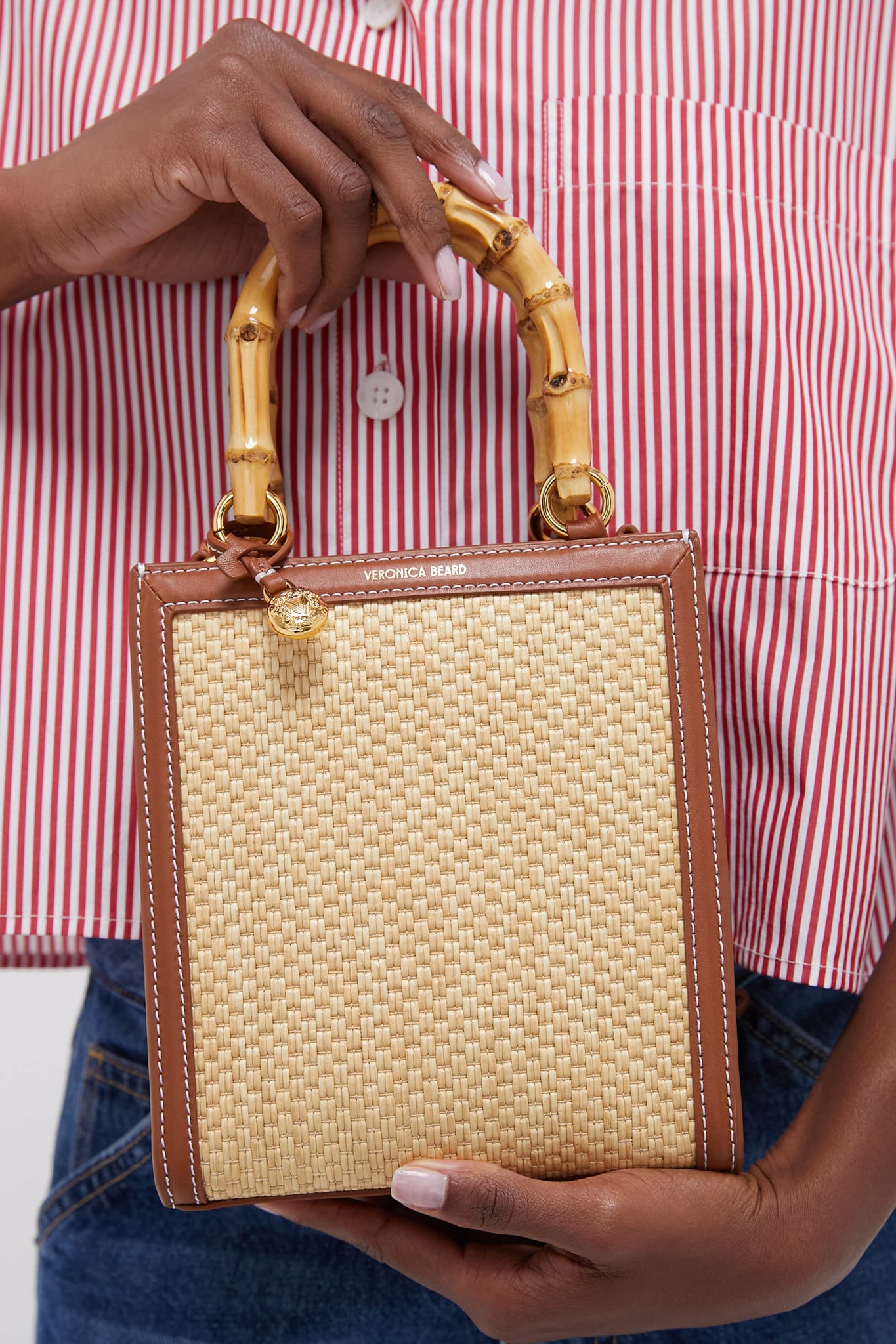 Beige and Hazelwood Small Raffia Bamboo Shopper