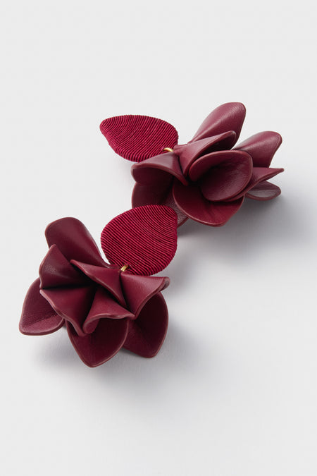Oxblood Silk and Leather Orchid Earrings