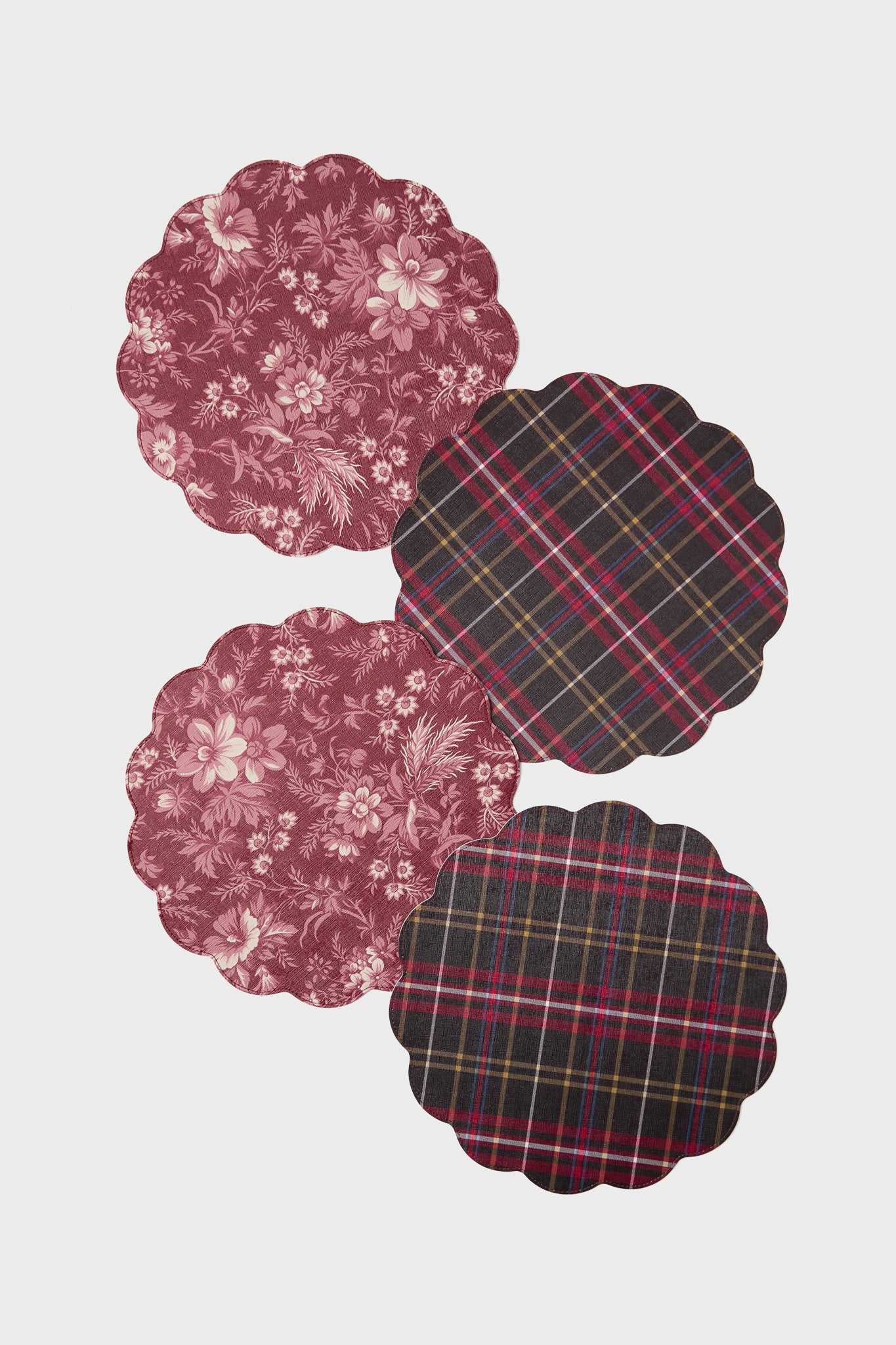 Red Antique Floral and Plaid Reversible Wipeable Placemats Set of 4
