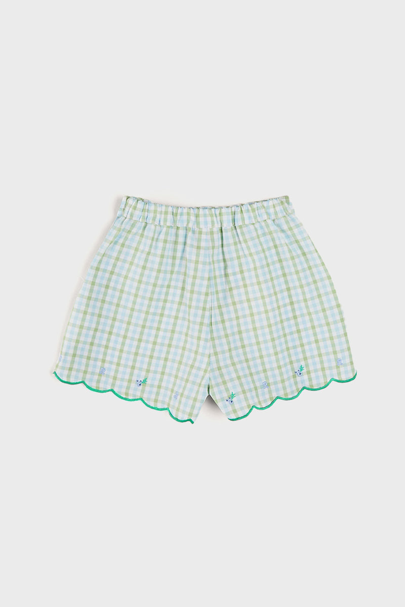 Maxwell Gingham Scallop Trim Embroidered Shorts in Green