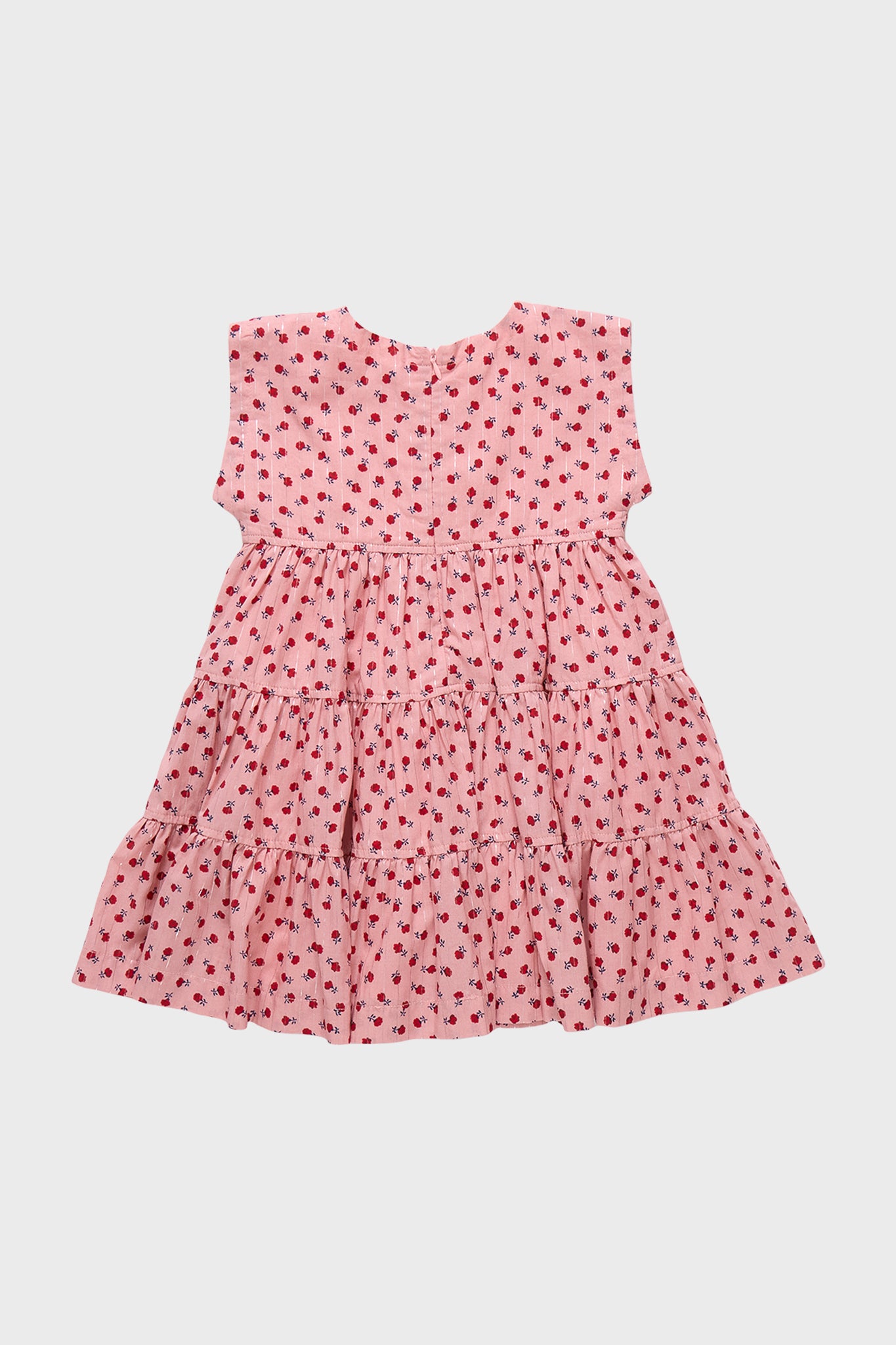 Pink Chicken Tiny Roses dress with a triple-tiered silhouette and ruffled skirt, adorned with an allover small red floral print.