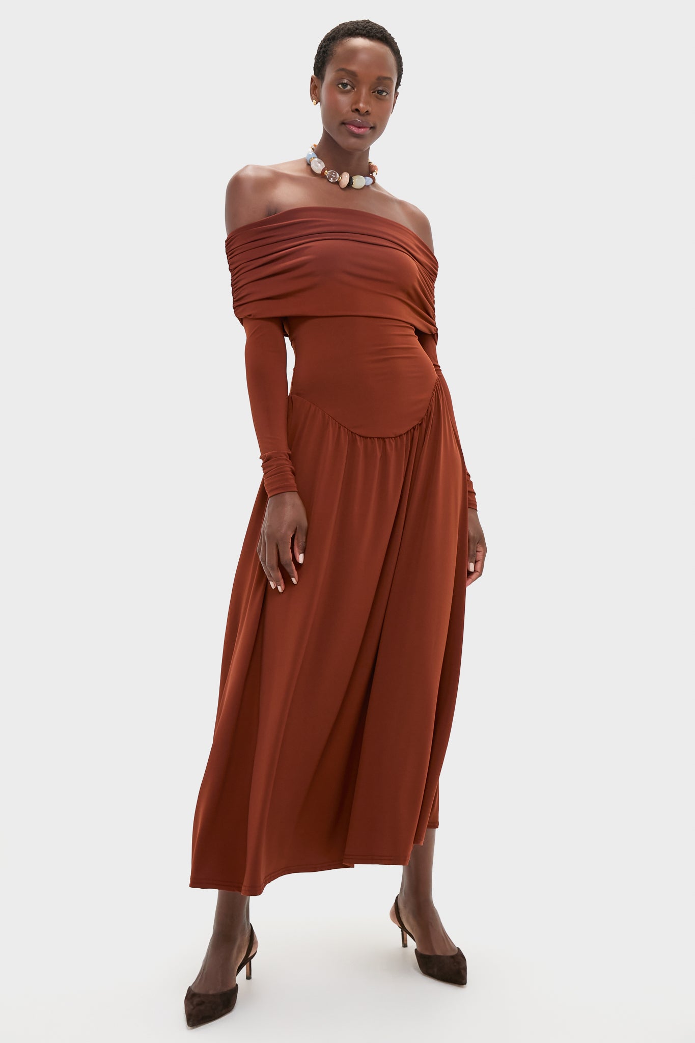 Burgundy Off the Shoulder Ruched Midi Dress