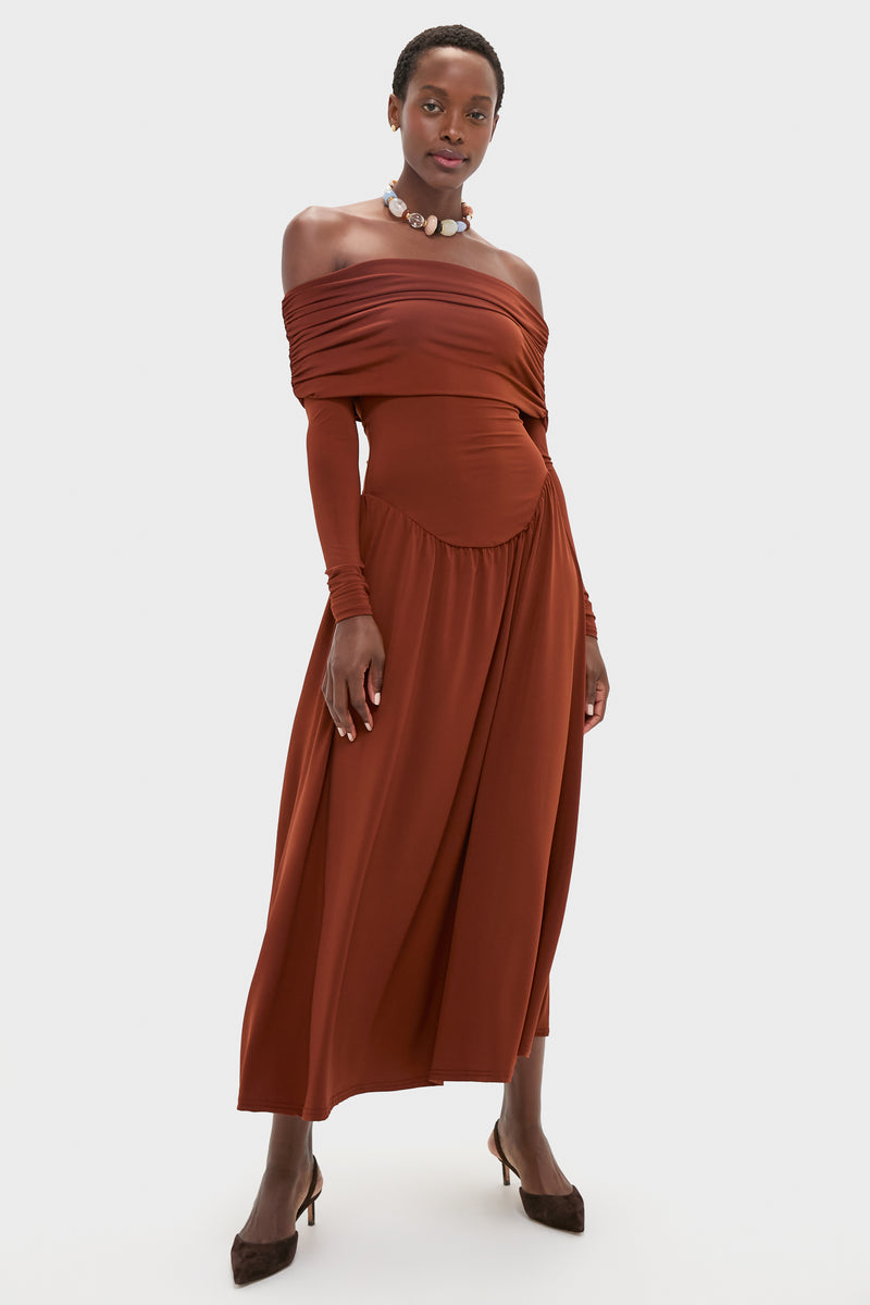 Burgundy Off the Shoulder Ruched Midi Dress