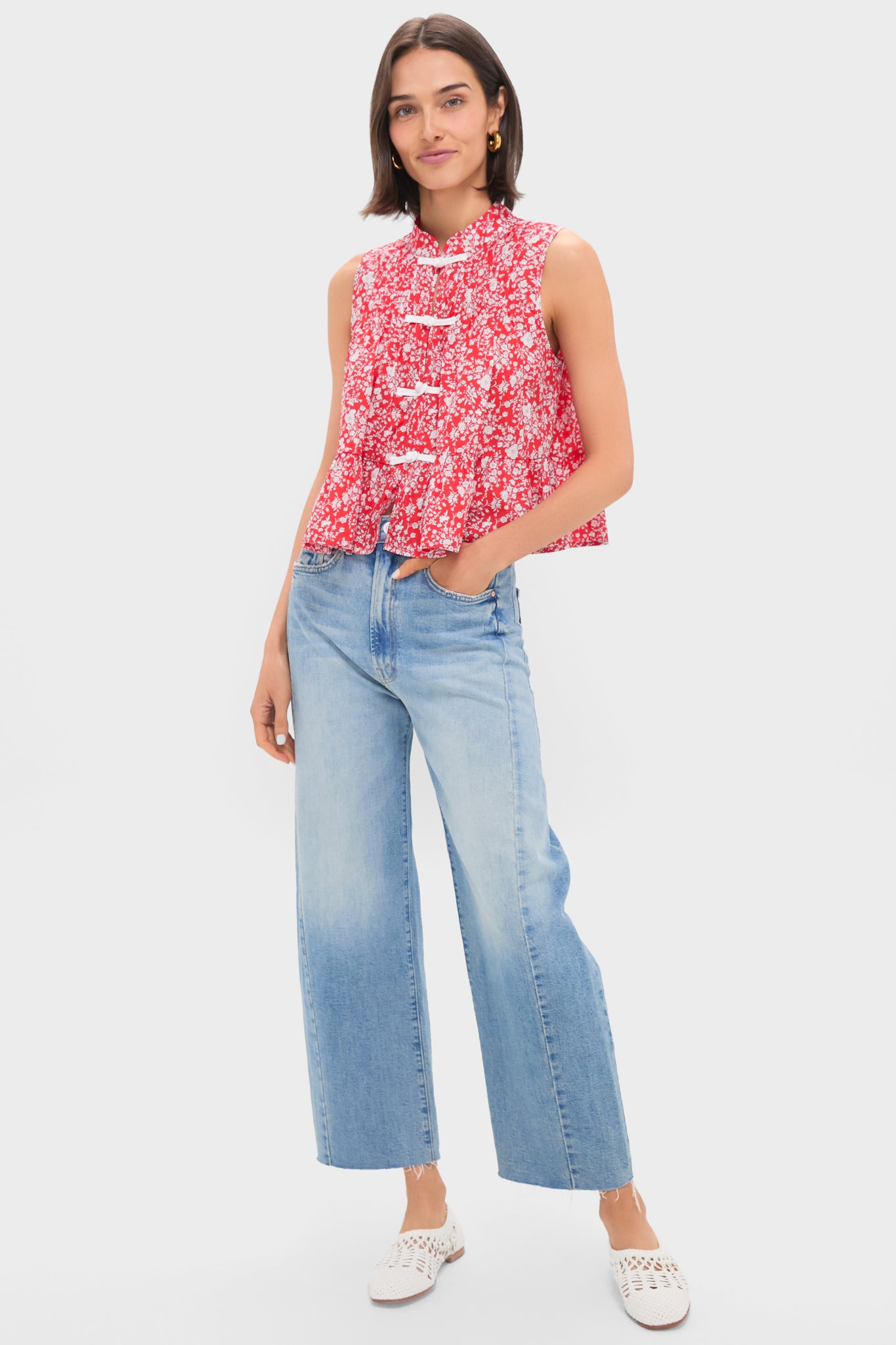 Red Lucille Liberty Print Knot Loop Tank Top