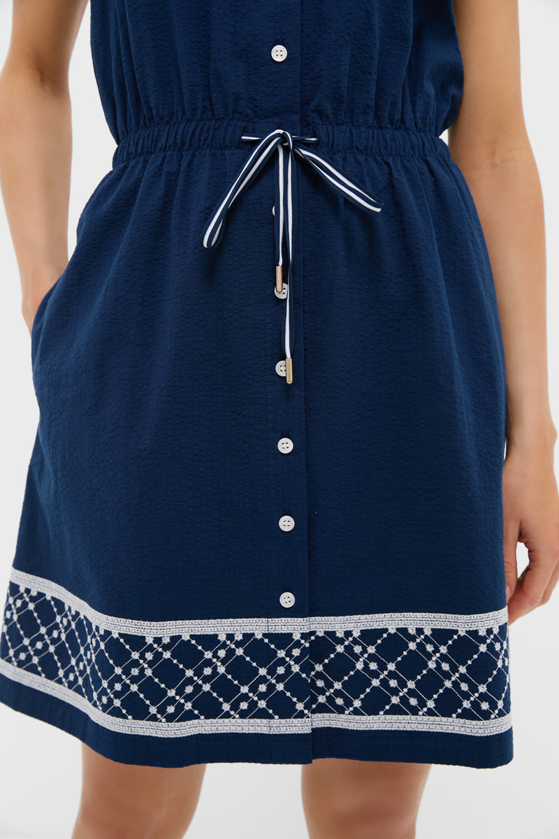 Navy and White Embroidered Sleeveless Performance Seersucker Alcott Golf Dress