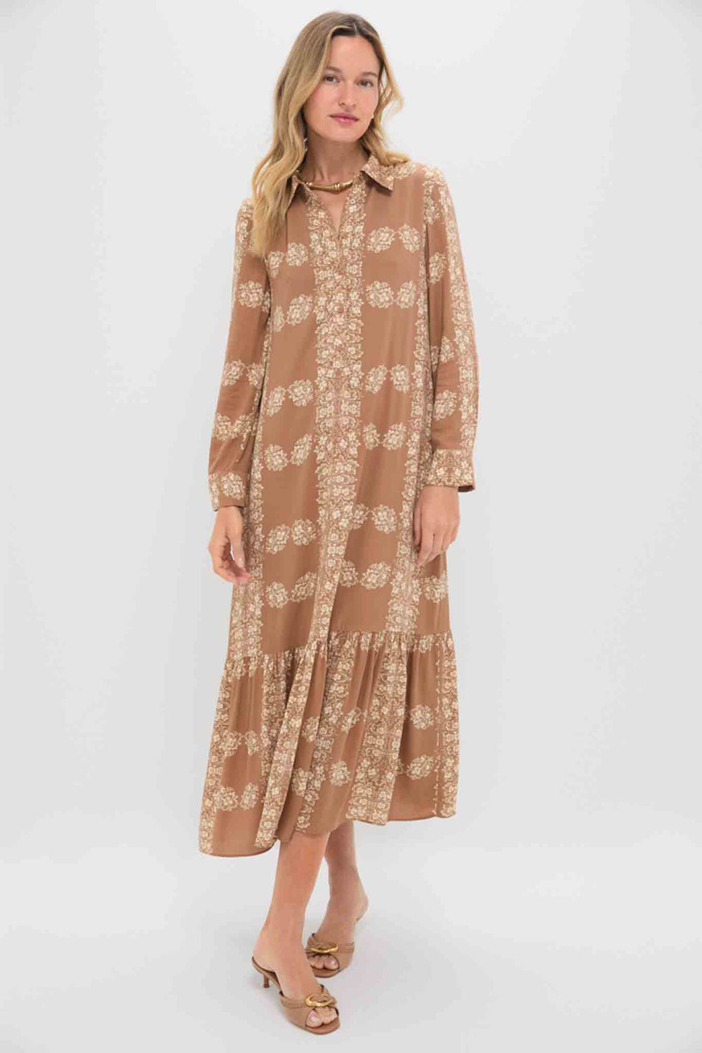 miller long sleeve dress Tan Floral Miller Maxi Shirt Dress