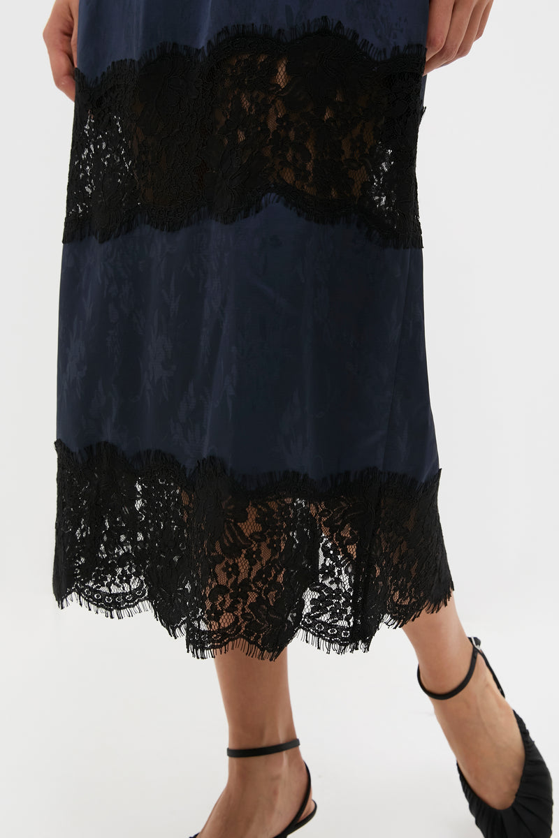 Navy Jacquard and Black Lace Cape Leah Dress