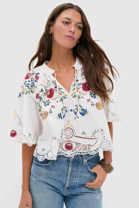Cream Celia Embroidery Short Sleeve Top