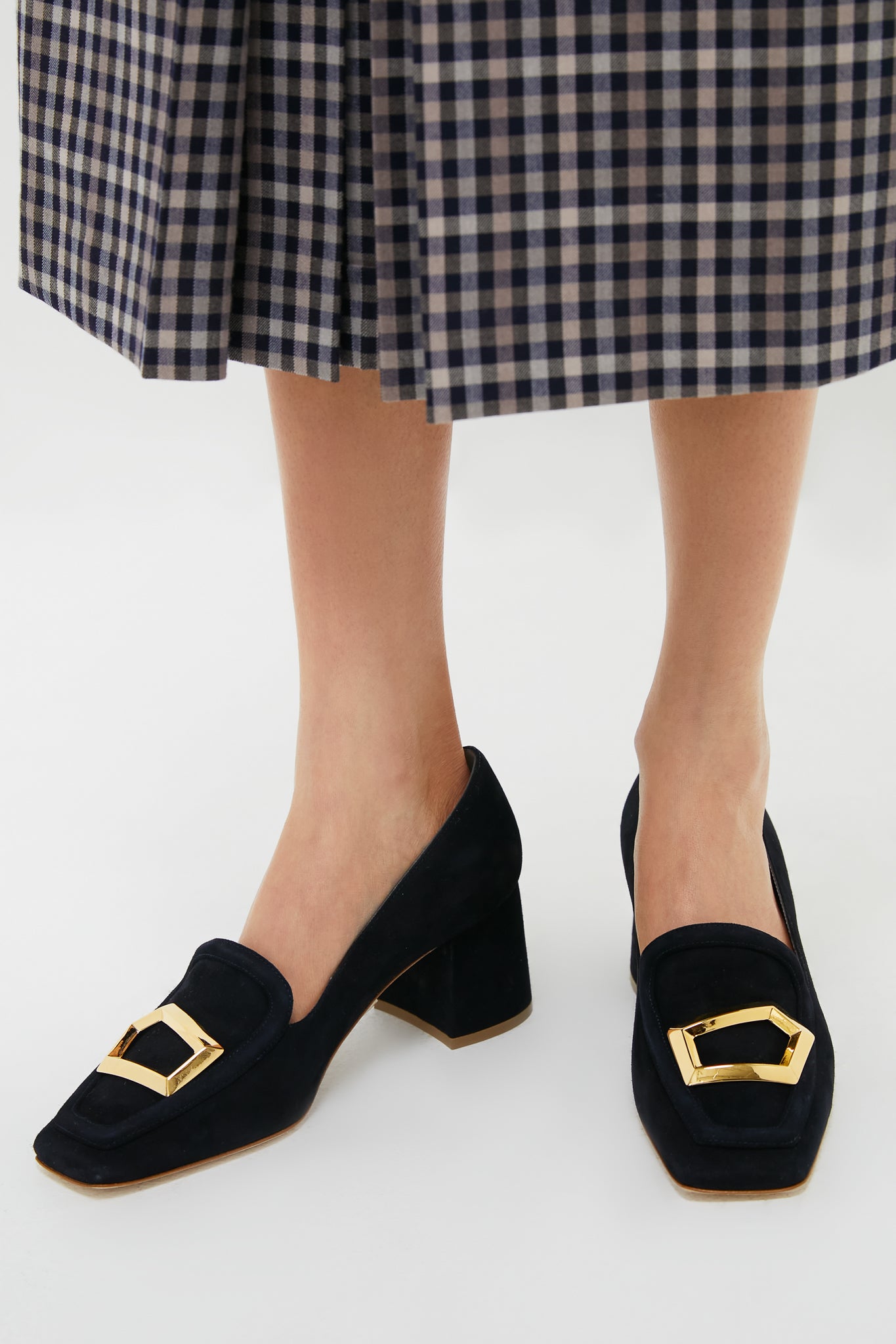 Midnight Suede with Gold Cubic Pebble Nola Heels