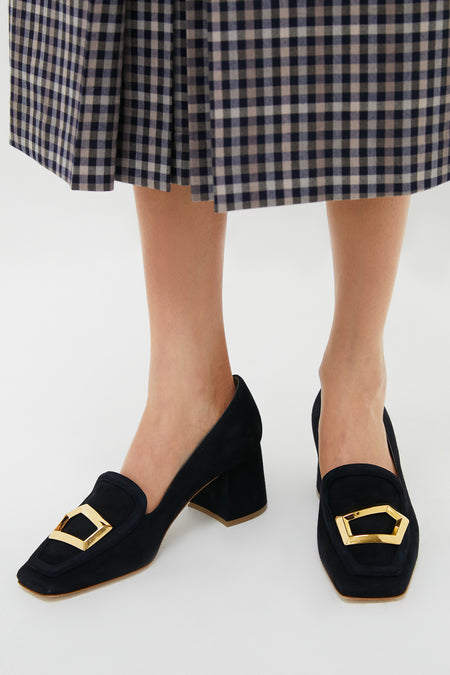 Midnight Suede with Gold Cubic Pebble Nola Heels