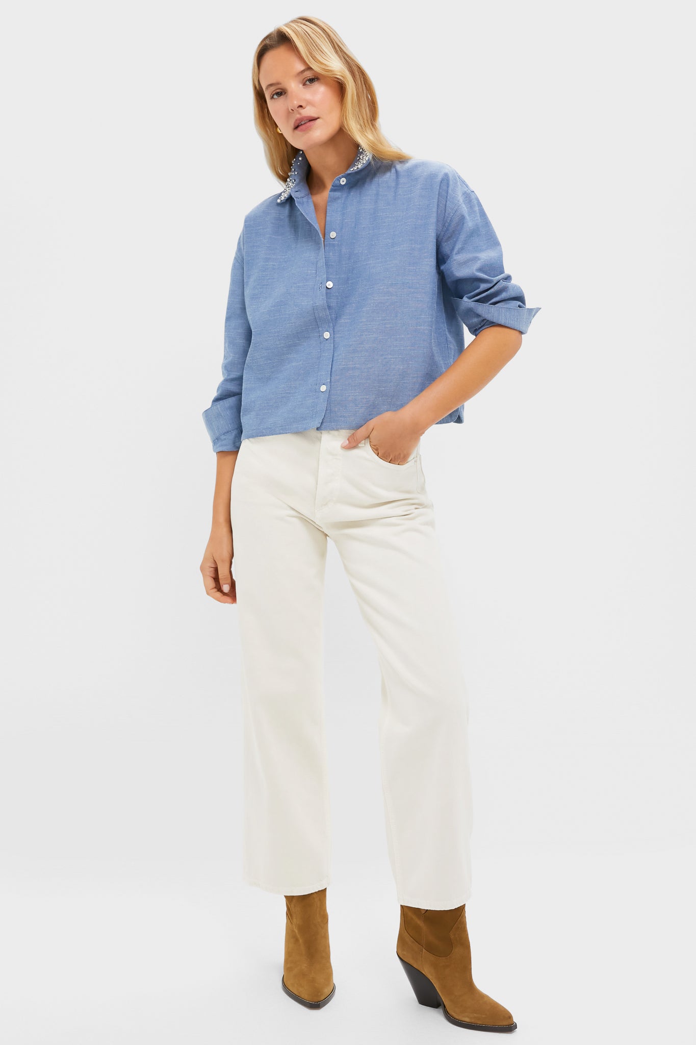 Chambray Denim Embellished Cropped Jasper Button Down | Tuckernuck