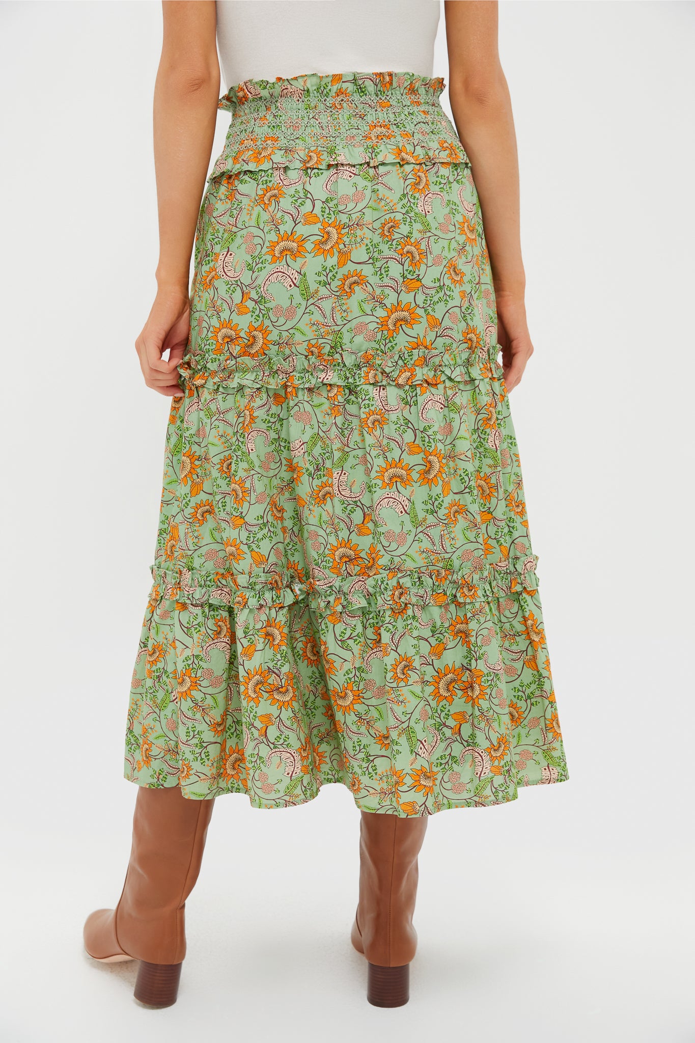 Mint & Orange Floral Smocked Odette Midi Skirt
