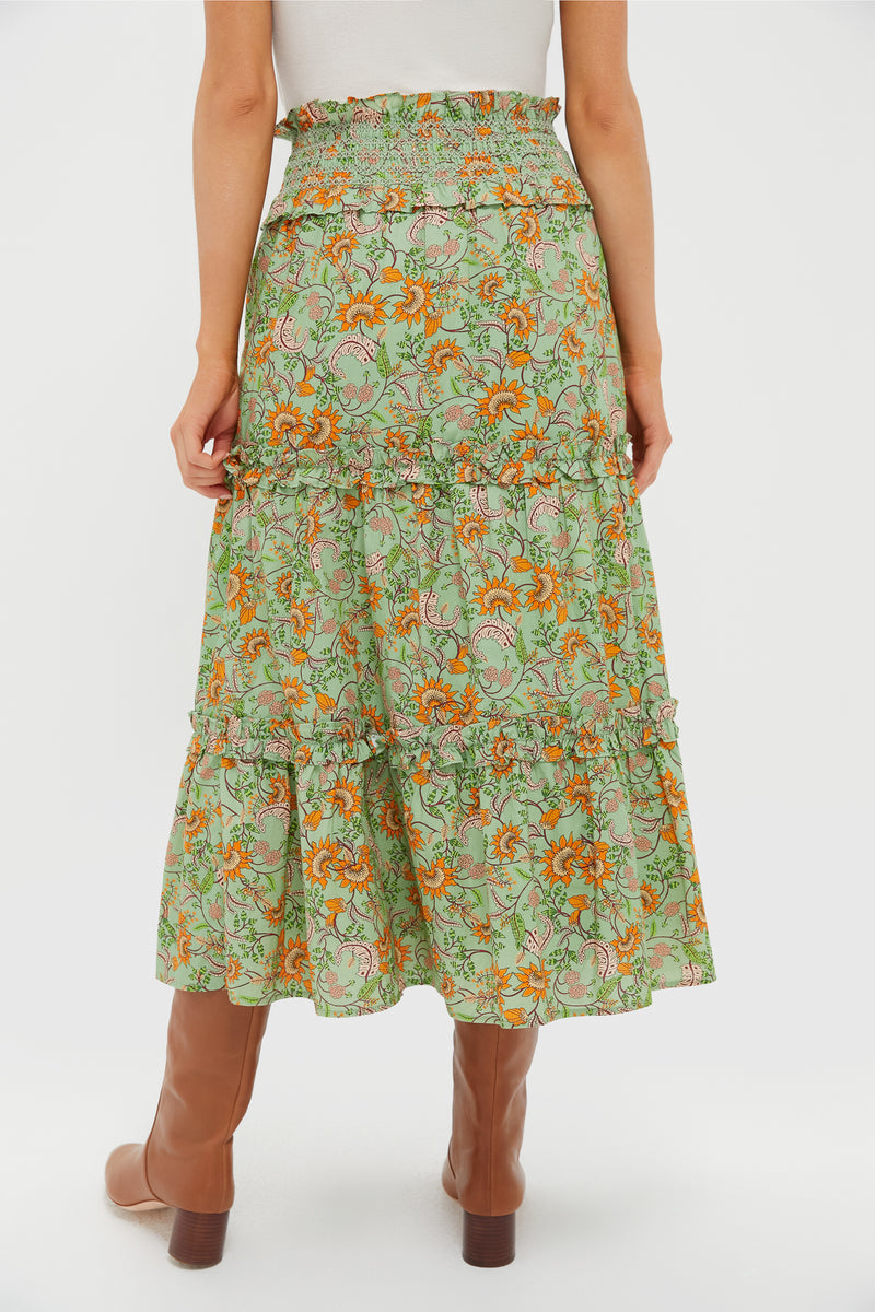 Mint & Orange Floral Smocked Odette Midi Skirt