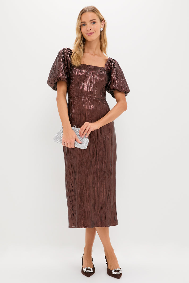Bronze Metallic Plisse Gladys Puff Sleeve Midi Dress