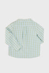 A Pepa London boys' long-sleeve cotton shirt with a light blue and green gingham check, button-up style, shown from the back on a plain white background.