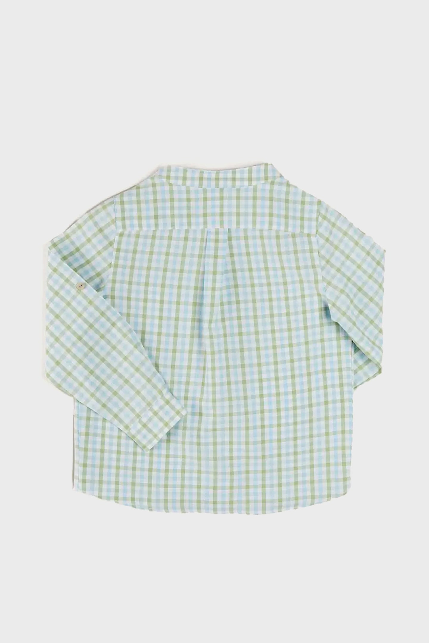 A Pepa London boys' long-sleeve cotton shirt with a light blue and green gingham check, button-up style, shown from the back on a plain white background.
