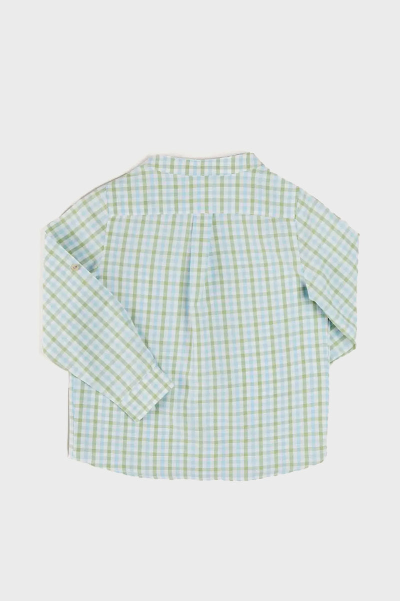 A Pepa London boys' long-sleeve cotton shirt with a light blue and green gingham check, button-up style, shown from the back on a plain white background.